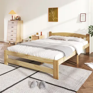 MODFU Holzbett Massivholzbett 140x200 cm Doppelbett Bettrahmen Jugendbettmit Kopfteil und Lattenroste(ohne Matratze), Natur - Naturbelassen