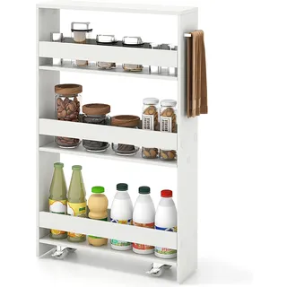 FANTASK Nischenregal 13cm breit, Nischenwagen 4 Etagen mit Griff & Geländern, Küchenschrank auf Rollen, Servierwagen Schmal für Küche, Badezimmer, 47,5x13x80,5cm (Reines Weiß)