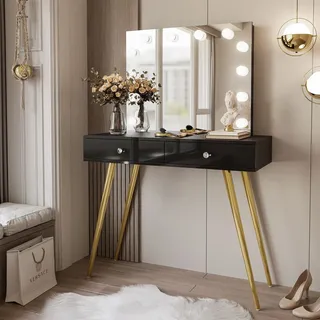 SIENNA GOLD ELITE Schminktisch mit Spiegel, Schwarz Hochglanz, Griffe - weißes Kristall - Schwarz