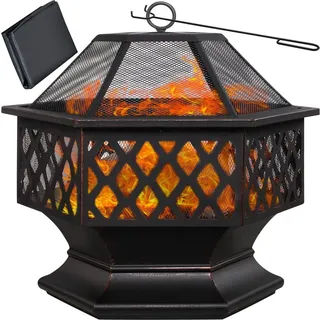 GARDEBRUK® Feuerschale mit Funkenschutz Schürhaken Abdeckung 70cm Eckig Antik Schwarz Terrasse Garten Feuerstelle Feuerkorb Kamin Ofen Holz Grill