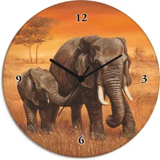 ARTland Glas Wanduhr Quarzuhr - schwarzer Zeiger Elefanten II Größe: 30x30 cm - Ocker