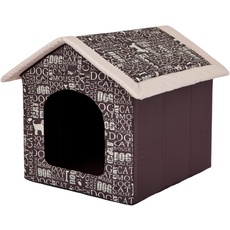 HobbyDog Hundehaus Hundehütte für mittelgroße Hunde - Katzenhaus, Katzenhöhle - mit herausnehmbarem Dach - Tierhaus für Katzen und Hunde für Drinnen/Indoor 38 x 32 x 38 cm [S] Braun mit Text