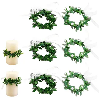 6 Stück Tropfschutz Kommunionkerze, Kerzenkranz mit grünen Blättern & weißem Organza, dekorativer Tropfenfänger für Kommunion, Taufe, Firmung & Hochzeit, Durchmesser 6 cm, Grün