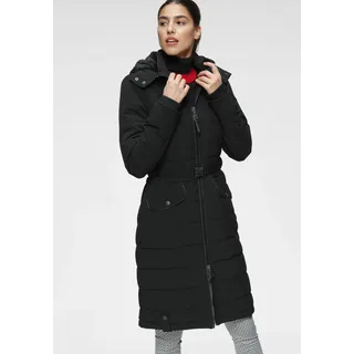 Steppmantel ALPENBLITZ "Oslo long", Damen, Gr. 42, schwarz, Web, Obermaterial: 90% Polyester, 10% Elasthan. Bündchen (Ärmel): 95% Polyester, 5% Elasthan. Futter: 100% Polyester. Kapuzenfutter: 100% Polyester. Wattierung: 100% Polyester, kontrastfarbene Details, unifarben, figurumspielend kniefrei, Rippbündchen mit Windstopper, Mäntel Steppmantel, Mantel mit Markenprägung auf dem Gürtel & abnehmbarer Kuschel-Kapuze