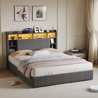 Bett 140x200cm Leinen Grau, 2 Schubladen, RGB LED, Kopfteil mit Stauraum & Ladestation - Grau