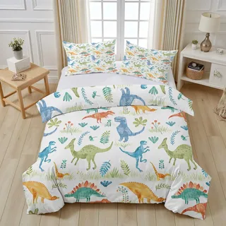 Bunt Dinosaurier Bettwäsche, Pflanzen Blätter Dino Bettwäsche 200x200 | Süße Jurassic Waldtiere Bettbezug 200x200, Bettwäsche-Set Duvet Cover mit 2 Kissenbezug fur Erwachsene Kinder Mädchen Jungen