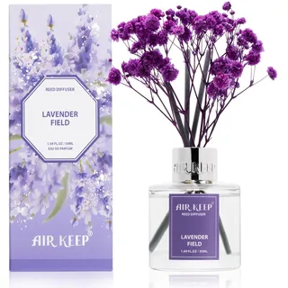Airkeep Raumduft 50ml – Lavender Field– Duftstäbchen Diffuser mit Trockenblumen – Deko Lufterfrischer für Badezimmer, kleines Zimmer & Wohnzimmer – Geschenkidee