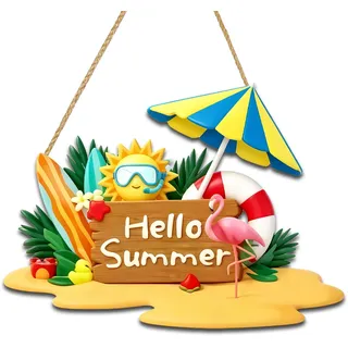 VARACL Türschild aus Holz, Motiv: Hello Summer, Sommer, Strand, Willkommens-Türkränze für Haustür, Veranda, Garten, hängende Dekoration, Strandkranz, Wandschilder, Heimbüro, Innen- und Außendekoration