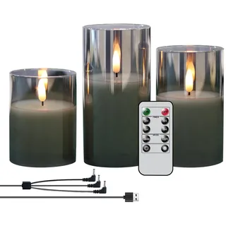 Eldnacele Wiederaufladbare LED Kerzen mit Fernbedienung Timer, flammenlose Kerzen im Glas, batteriebetriebene Stumpenkerzen, langlebige graue Echtwachs USB Kerzen (Ø 7,5 cm x H 10, 13, 15 cm)