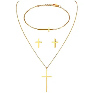 JewelryWe Schmuck Damen Armband Halskette Ohrringe Schmuckset Edelstahl Kreuz Anhänger mit Kette, Armkette & Ohrstecker Set für Frau Mädchen Gold