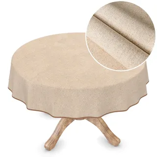 Wachstuchtischdecke Textil Tischdecke Wachstuch abwaschbar Leinenoptik Beige Uni Nachhaltig Rund 140cm