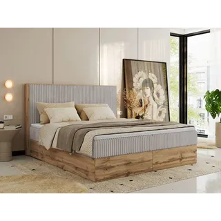 MKS Meble Boxspringbett WOOD CLASSIC, Komplett Set mit Multipocket-Matratze und Topper, Doppelbett für Schlafzimmer, hohe Kopfteil - 160 x 200 cm - H3 - Hellgrau Cord - Grau