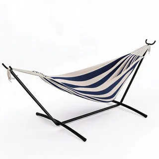 GarveeHome Hängematte mit Gestell für 2 Personen - Stahlgestell bis ca. 200 kg belastbar, Hängematte Outdoor & Indoor für Garten Balkon Terrasse Camping, einfacher Aufbau ohne Werkzeug, Blau-Weiß