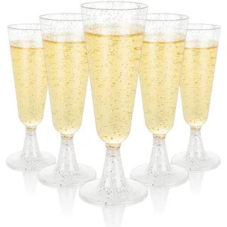 AKOLAFE 100 Stück Sektgläser Plastik 160ml Sektgläser Kunststoff Mehrweg Sektglas Transparent BPA-frei Sektglas Stapelbare Champagnergläser mit Silberglitzer für Hochzeiten, Geburtstage, Party