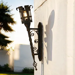 Licht-Erlebnisse XXL Außenwandleuchte Metall Regenglas in Schwarz-Kupfer IP44 Garten Eingang H:90 cm E27 Vintage Fackel Außenlampe Wand Outdoor CASTLE