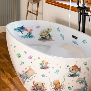 Runtoo Wandtattoo Unter dem Meer Fisch Aquarell Wandsticker Delphin Meeresschildkröte Seetang Wandaufkleber Badezimmer Babyzimmer Kinderzimmer Wanddeko