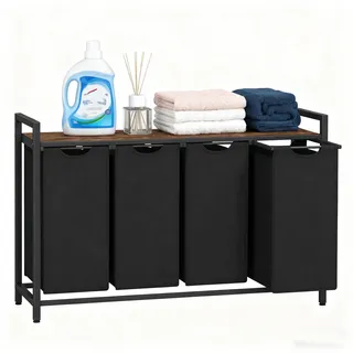 Relaxdays Wäschesammler mit 4 ausziehbaren Wäschesäcken, mit Ablage, HBT: 72 x 116 x 33 cm, Wäschekorb, 31 l Rechteckig Eisen, MDF-Platten, Polyester Schwarz Holz