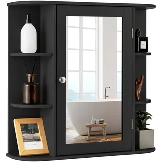 FANTASK Badezimmerschrank aus Holz mit 4 Fächer & 6 offene Ablagen, Badschrank hängend mit Spiegel, Badezimmer Hängeschrank, Spiegelschrank Bad, 66 x 17 x 63cm (Schwarz)