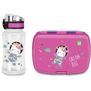SJ Gang Style Jam Gang Brotdose mit Trennwand + Trinkflasche für Kinder, Clip Verschuluss, Rosa mit Einhorn, Spülmaschinenfest