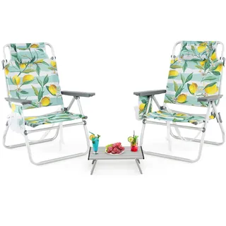 FANTASK Campingstühle mit Tisch, klappbare Strandstühle leicht mit Getränkehalter, Verstellbarer Rückenlehne, Armlehnen & Schultergurten, Kopfstütze (Grün)