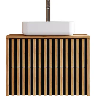 Waschtisch mit Unterschrank 80 cm, Lamellenfront,  Keramik Aufsatzwaschbecken LUCCA-107 in Eiche Nb., B/H/T: 80,4/76,5/45,5 cm - Braun