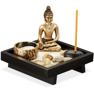 Relaxdays Zen Garten, mit Buddha, Steinen, Sand, Räucherstäbchen & Teelichthalter, Entspannung, Feng Shui Deko, schwarz