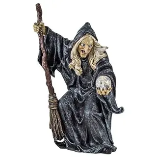 DRW Hexenfigur mit Besen und Glaskugel aus Harz, handbemalt, 30 cm
