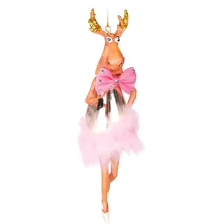 BRUBAKER Elch mit Feder Tutu Rock und Schleife Rosa - Handbemalte Weihnachtskugel aus Glas - Mundgeblasener Christbaumschmuck Figuren lustig Deko Anhänger Baumkugel - 18 cm