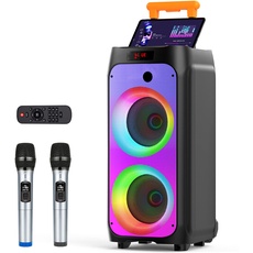 JYX Karaoke Anlage mit 2 drahtlosen Mikrofonen, Großer Lautsprecher Bluetooth mit Rädern und Disco Lichtern, Subwoofer PA System, Party Karaoke Maschine Unterstützung TWS/USB/SD Karte/AUX/Rec