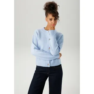 Strickjacke ANISTON CASUAL, Damen, Gr. 40, blau (hellblau, meliert), Strick, Obermaterial: 73% Polyacryl, 24% Polyester, 3% Elasthan, meliert, lässig geschnitten kurz, Rundhals, Rippstrickbündchen, Strickjacken Strickjacke, aus effektvollem Melange-Garn, Topseller