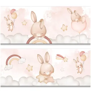 Bordüre 15cm x 200cm für Kinderzimmer Babyzimmer Dekor Aufkleber Wandbordüre selbstklebend Wandtattoo für Kinder Mädchen Junge Y033 (Hasen mit Ballons)