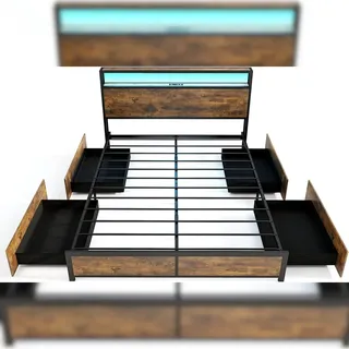 Costway Bett mit LEDs, Ladestation & 4 Schubladen, Stauraumbett mit Kopfteil & Lattenrost, industrieller Bettrahmen, Metallbett, Doppelbett 200x160cm - Schwarz, Braun