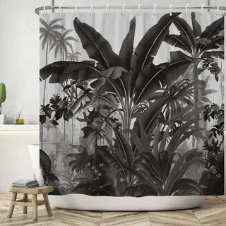 ASDCXZ Duschvorhang Dschungel 180x180 cm, Schwarz Handgemalt Tropical Pflanzen Blätter Waschbar Bad Polyester Textil Wasserdicht für Badewanne mit 12 Haken