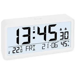 ADE Digitaler Funkwecker mit XXL-Ziffern | Tischuhr und Funkwecker mit Kalenderfunktion | mit Temperaturanzeige und Luftfeuchtigkeit | 2 Weckzeiten und Schlummerfunktion | weiß