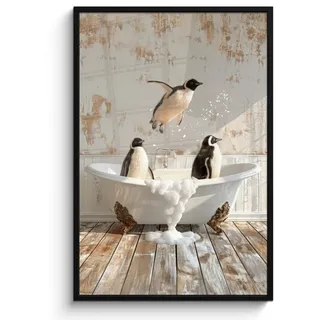 MuchoWow Poster MIT Rahmen Vintage - Pinguin - Badewanne - Schaumstoff Bilderleiste 80x120 cm , Schwarz , Papier , Rechteckig , 80x120 cm , gerahmt , Bilder & Rahmen, Bilder
