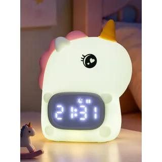Ammonite Einhorn Silikon Nachtlicht-Wecker, USB aufladbar für Kinder | Digitaler Wecker mit Schlummerfunktion, Touch-Nachtlicht, 3 Lichtfarben, BPA-frei, USB Akku, ideal als Kindergeschenk