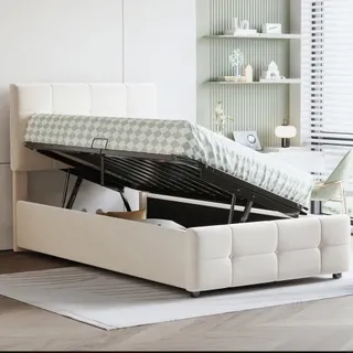 Sweiko Polsterbett Hydraulisches Stauraumbett Hochkastenbett Multifunktionales Kinderbett Gästebett,Hautfreundlicher Samtstoff 90x200cm Beige,ohne Matratze - Beige