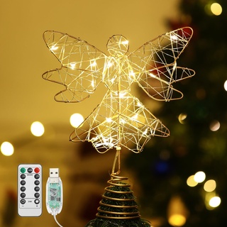 Lewondr Christbaumspitze Engel, 9,8 Zoll Glitzernd Weihnachtsdeko LED Weihnachten Baumspitze mit Timer, USB-betrieben Fernbedienung Tannenbaum Spitze für Weihnachtsbaum Weihnachten Party Innen, Gold