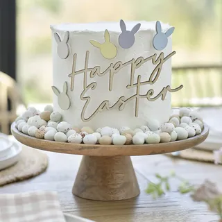 Ginger Ray Osterkuchendekoration „Frohe Ostern“ aus Holz mit 5 ausgeschnittenen Hasenkopfdekorationen