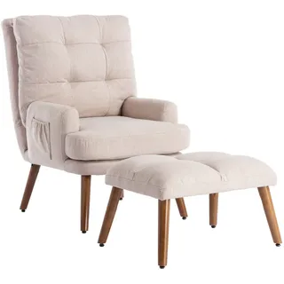 Relaxsessel mit Hocker, 90° Verstellbare Rückenlehne Sessel, Loungesessel mit Dickes Kissen und Beine aus Massivholz, Beige - Weiß