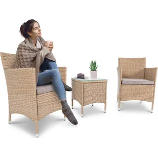 di volio Polyrattan Balkonmöbel-Set SIENA - Balkon-Set mit Tisch & 2 Sesseln - Lounge Gartenmöbel-Set für Garten und Terrasse - Lounge-Set in Rattan-Optik - Beige, Hellgrau