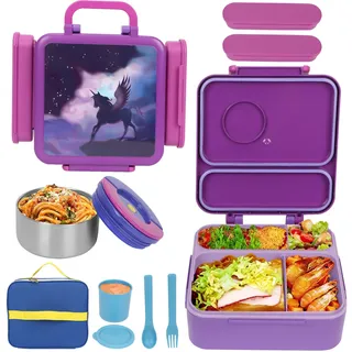 UHAPEER 3 in 1 Brotbox Kinder, Bento Box mit Fächern, BPA Frei Lunchbox mit Thermo Schale, Auslaufsicher Brotzeitbox für Kindergarten, Brotdose Schule mit Besteck,Jausenbox,Saucenbox und Tasche