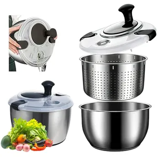 HAOSJINY 5L Salatschleuder, Salatschleuder Edelstahl, Salatschleuder Mit Deckel, Lebensmittelecht Edelstahl, Rutschfester Sockel, Effizient zur Salatzubereitung & Lebensmittelreinigung