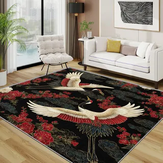 TerroVee Kranich Teppich Waschbar, Japanisch Chinesisch Vogel Teppich 80x150 cm, Orientalisch Traditionell rutschfest Waschbar Pflegeleicht Teppiche Für Schlafzimmer Küche, Weiß Rot Schwarz