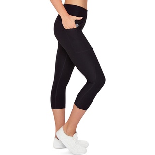 VS Leggins 3/4 Damen Capri mit 3 Seitentaschen für Handy, Schlüssel, Kreditkarte und Co. Fitness Sport Tights Schwarz Muster Yoga Hose Sporthose Jogging High Waist. Black-S