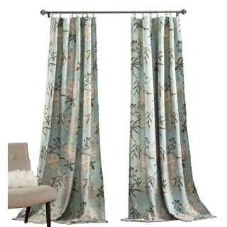 Lush Decor Botanische Gartenvorhänge, Blumen-Vogel-Druck, Lichtfilterung, Fenstervorhänge-Set für Wohnzimmer, Esszimmer, Schlafzimmer, 1 Paar, Blau, 132 cm B x 241 cm L