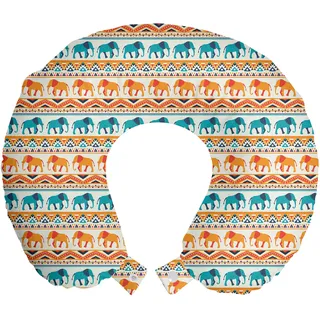 ABAKUHAUS Elefant Reisekissen Nackenstütze, Exotische geometrische Kunst, Schaumstoff Reiseartikel für Flugzeug und Auto, 30x30 cm, Turquoise Orangencreme