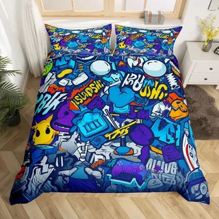 Loussiesd Bettwäsche-Set, für Teenager, Jungen, Kinder, Hippie-/Graffiti-Design, Gaming-Rock-Musik-Thema, Bettdeckenbezug, Set, Video-Gamepad, Sport, Auto, Gitarre, Steppdecke, Blau, 2 Stück