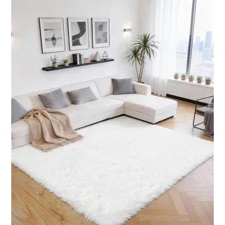 ROHATIM Teppich Wohnzimmer 200 x 300 cm reines Weiß Waschbar Rutschfester Hochflorteppich Kinderzimmer Schlafzimmer Flauschiger Teppiche