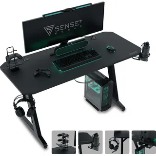 SENSE7 Nomad Classic Gaming Tisch Schreibtisch 140x60 cm Inkl. XXL-Mauspad Computertisch PC Tisch Gamer Desk Zocker Tisch Schwarz Kabelmanagement - Schwarz